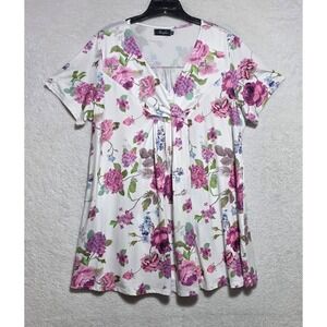 Amzplus Women's 2XL Floral Tunic Top V-Neck Short Sleeve Empire Waist Pink White